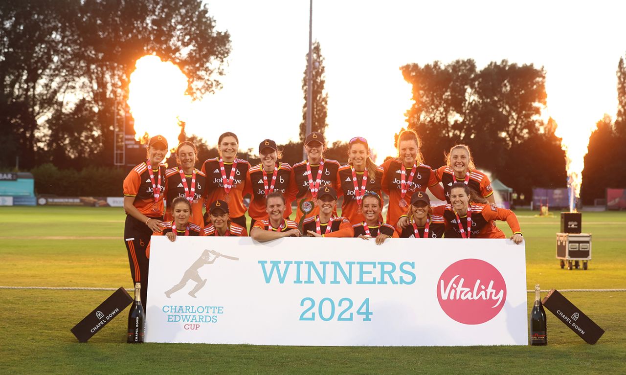 The Blaze pose with the Charlotte Edwards Cup, The Blaze vs South East Stars, Charlotte Edwards Cup final, Derby, June 22, 2024