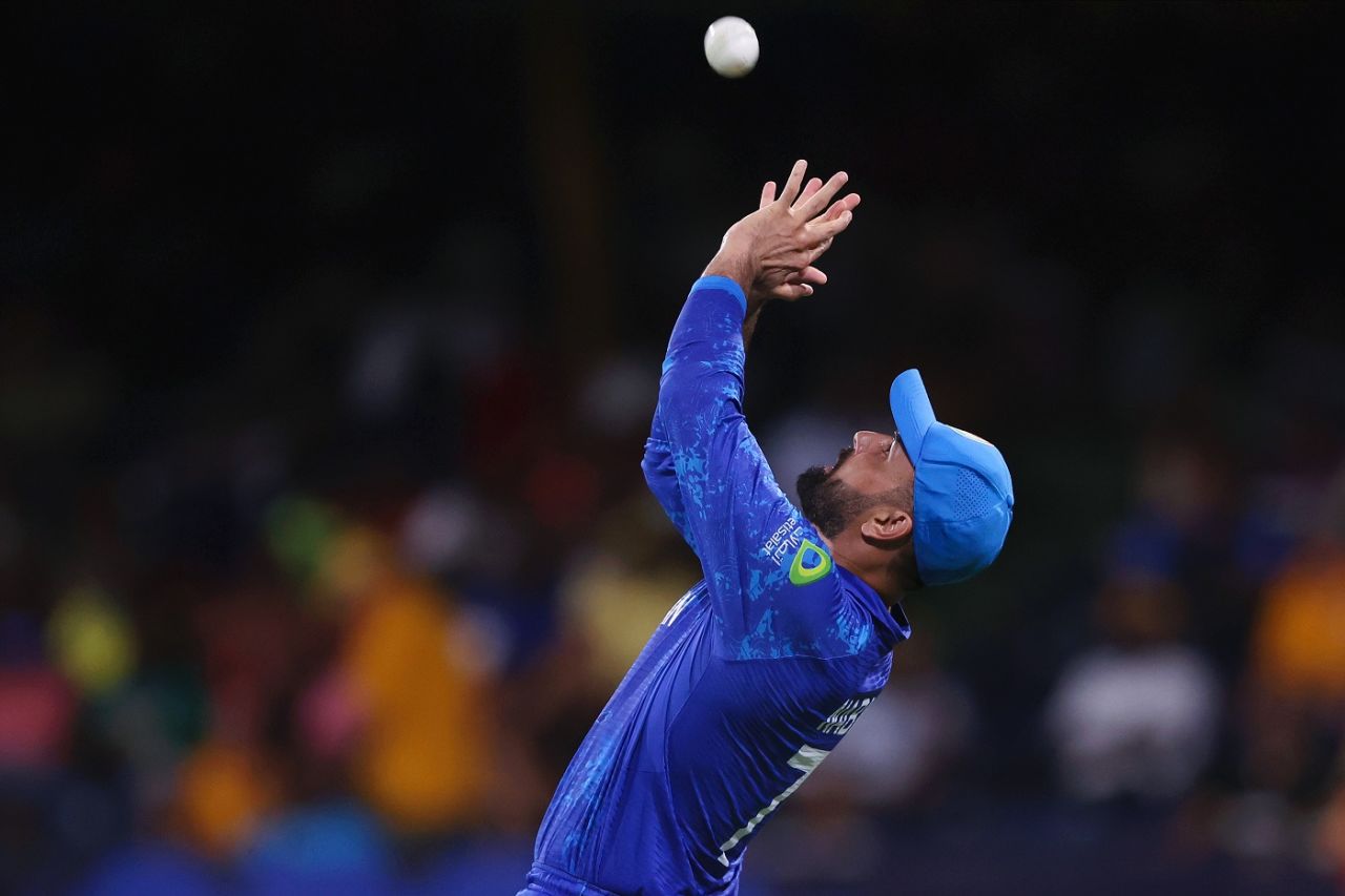Mohammad Nabi gets under a Mitchell Marsh catch, Afghanistan vs Australia, T20 World Cup 2024, Super Eight, Group 1, Kingstown, June 22, 2024