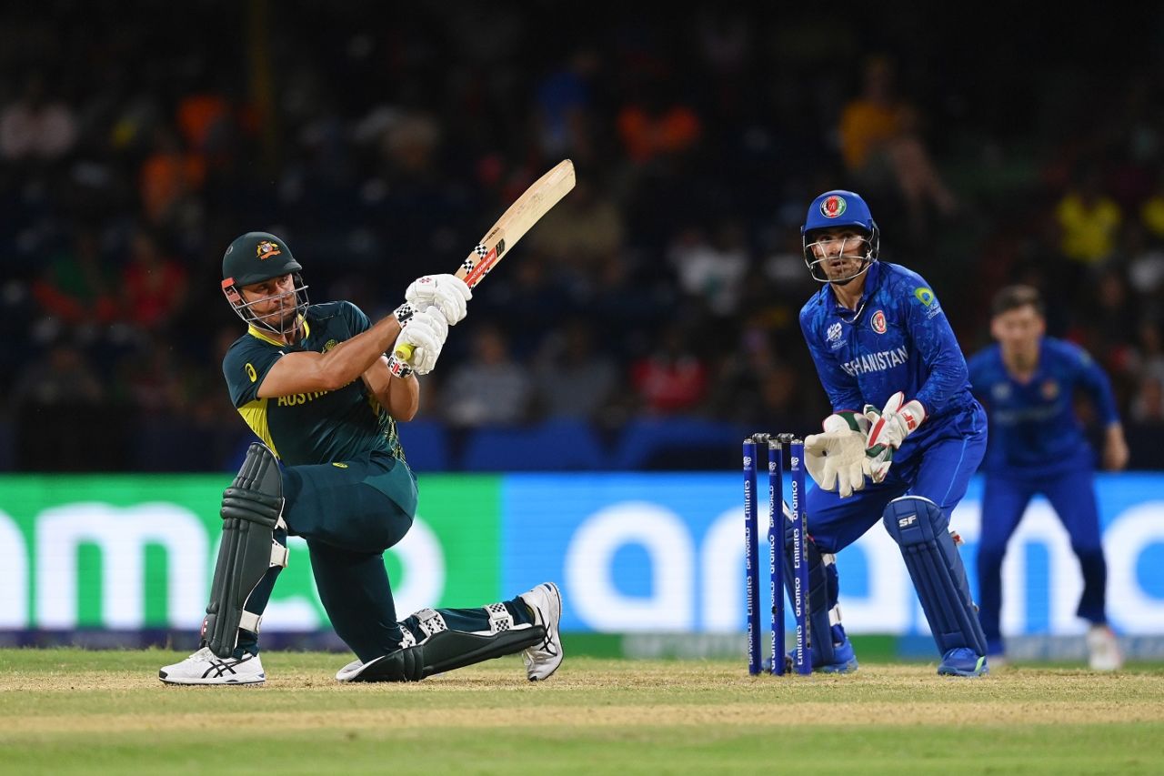 Marcus Stoinis sweeps Noor Ahmad to the fence, Afghanistan vs Australia, T20 World Cup 2024, Super Eight, Group 1, Kingstown, June 22, 2024