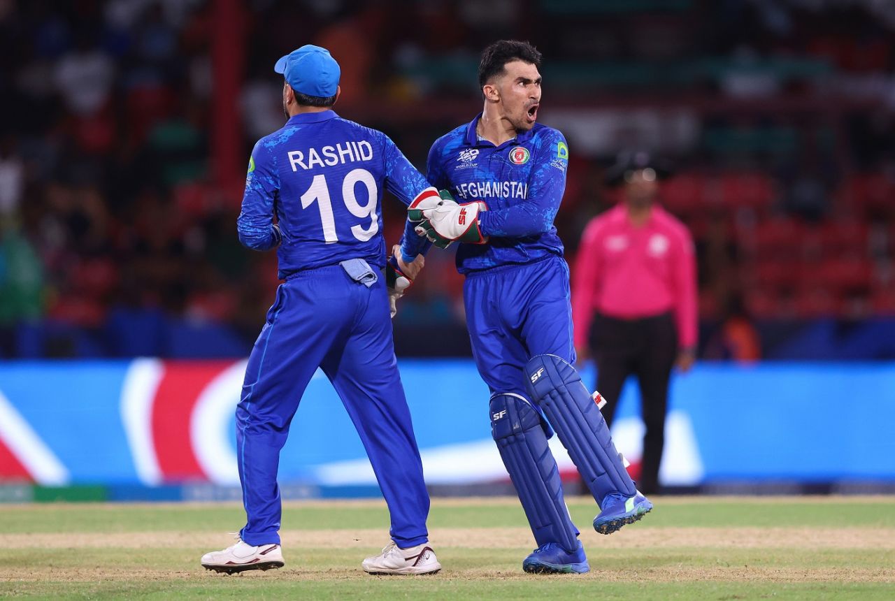 Rahmanullah Gurbaz was pumped up after taking the catch to dismiss Marcus Stoinis, Afghanistan vs Australia, T20 World Cup, Super Eight, Group 1, Kingstown, June 22, 2024