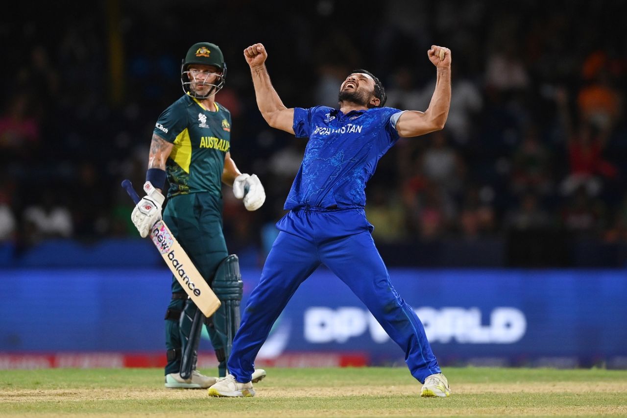 Gulbadin Naib flexes his biceps after getting the big fish Glenn Maxwell, Afghanistan vs Australia, T20 World Cup, Super Eight, Group 1, Kingstown, June 22, 2024