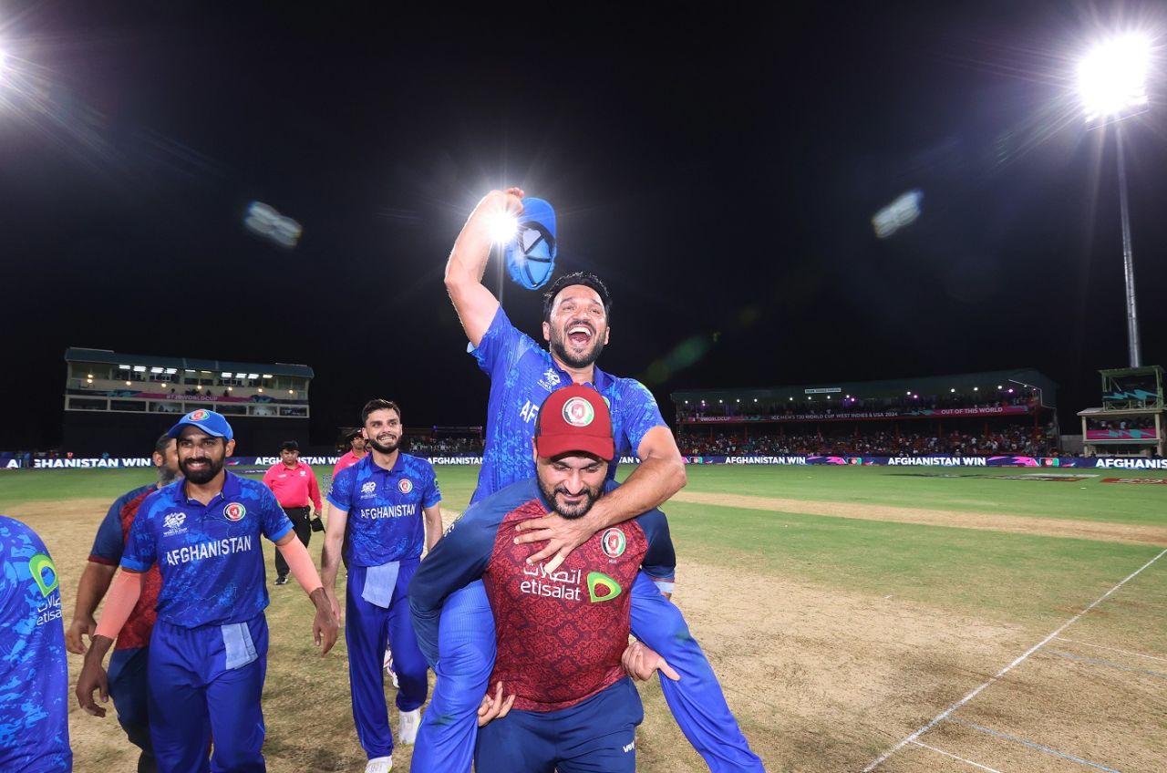 Gulbadin Naib is carried on his shoulders by Afghanistan's bowling coach Hamid Hassan, Afghanistan vs Australia, T20 World Cup, Super Eight, Group 1, Kingstown, June 22, 2024