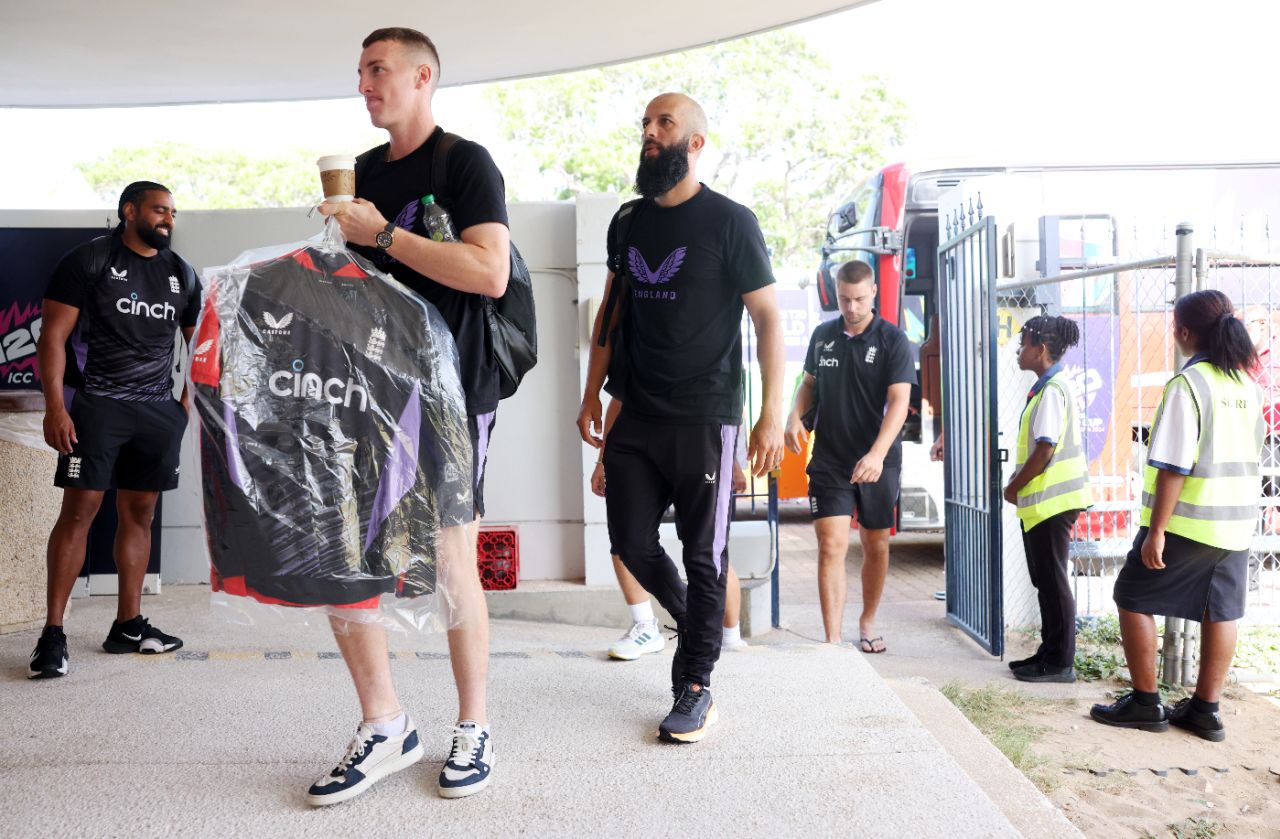 Harry Brook and Moeen Ali arrive for England's match against USA, England vs USA, T20 World Cup 2024, Super Eight, Bridgetown, Barbados, June 23, 2024
