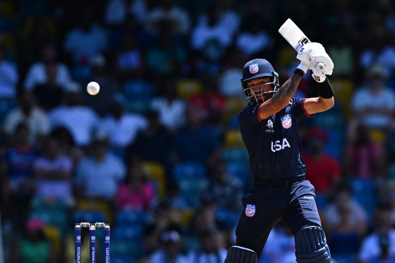 Nitish Kumar played his shots after the early loss of Andries Gous, England vs USA, T20 World Cup 2024, Super Eight, Bridgetown, Barbados, June 23, 2024