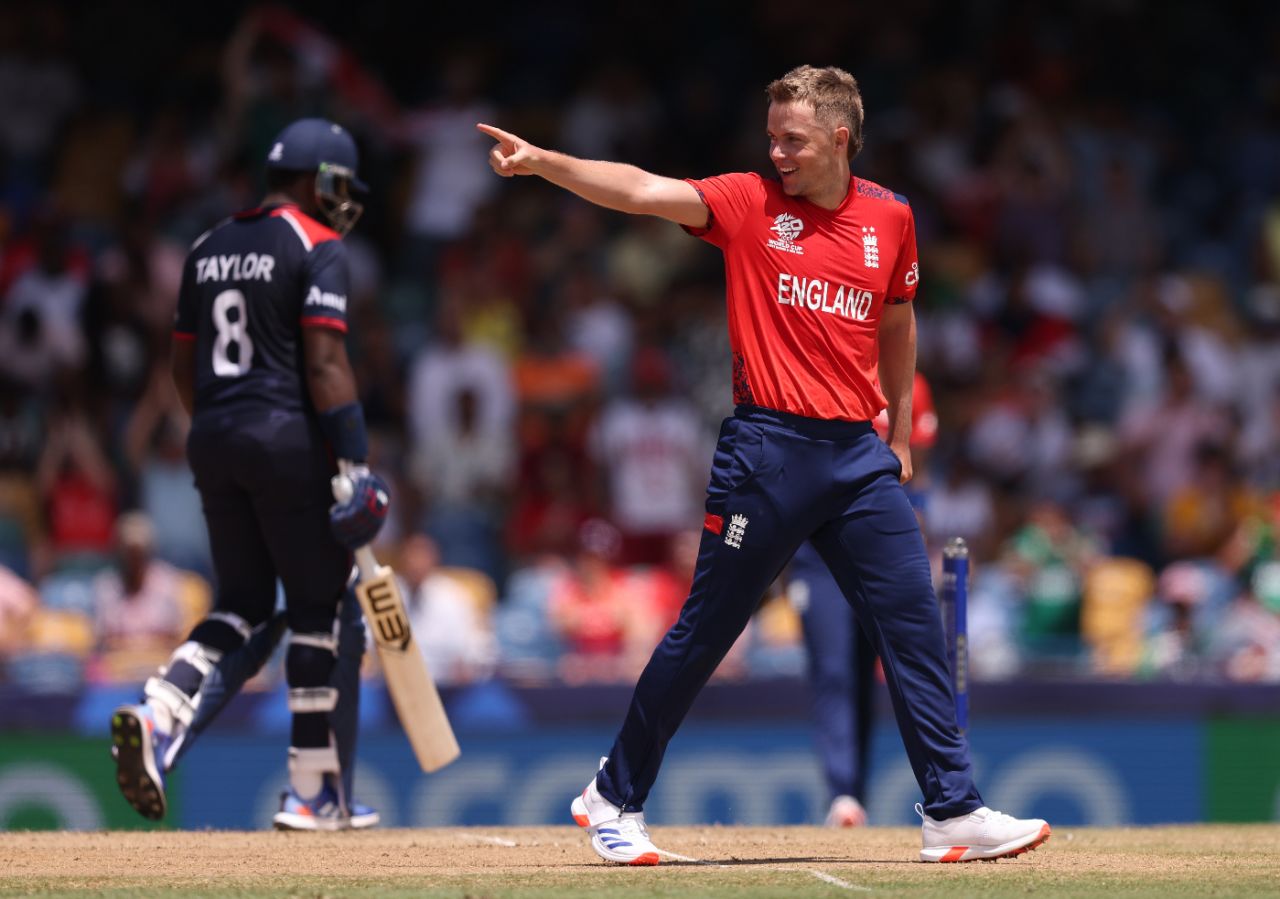 Sam Curran celebrates snagging Steven Taylor, England vs USA, T20 World Cup 2024, Super Eight, Bridgetown, Barbados, June 23, 2024