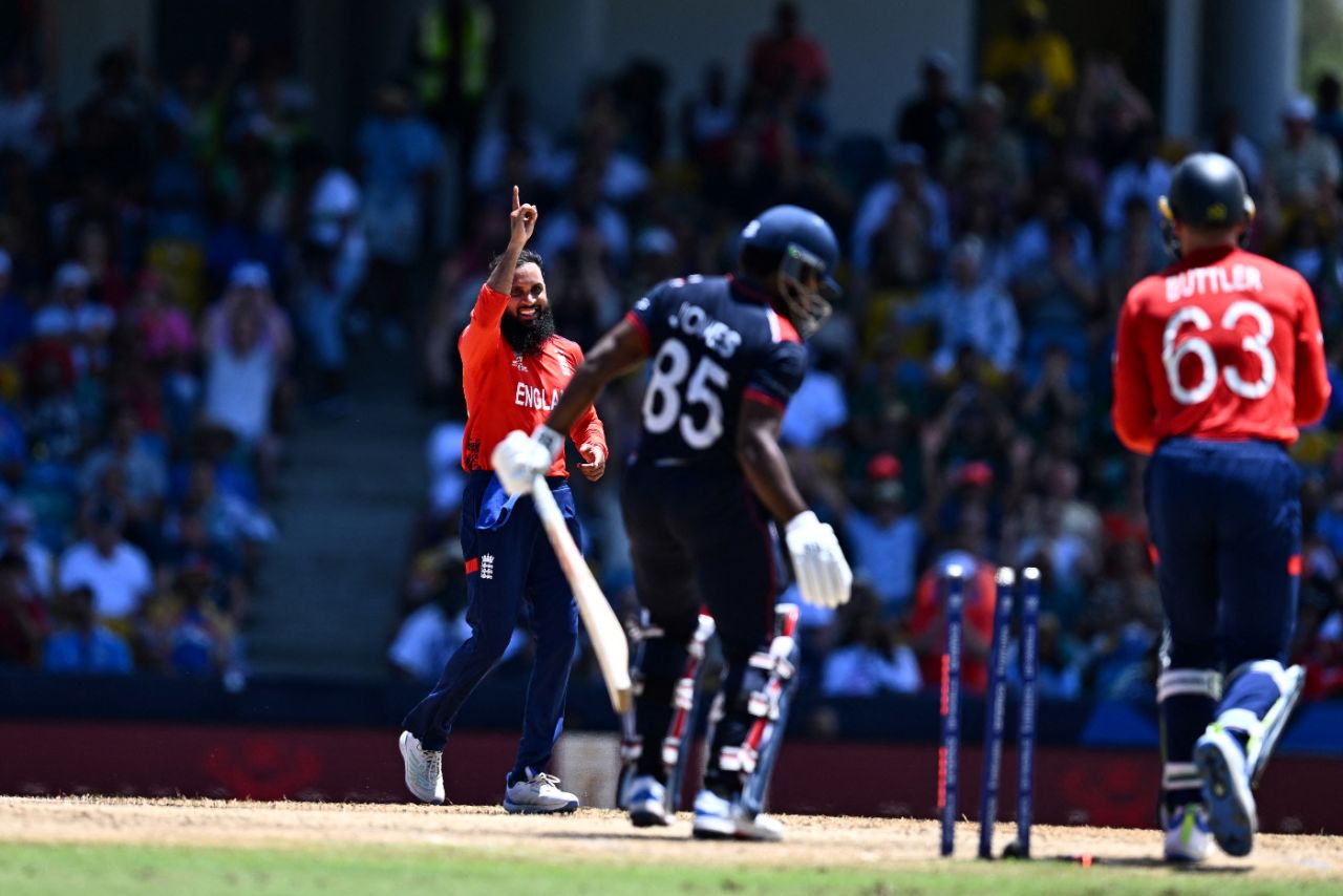 Adil Rashid bowled Aaron Jones, England vs USA, T20 World Cup 2024, Super Eight, Bridgetown, Barbados, June 23, 2024