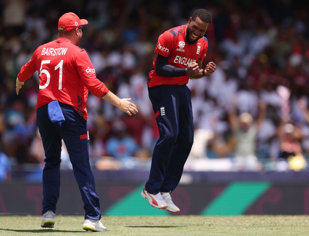 Chris Jordan celebrates the wicket of Saurabh Netravalkar to complete his hat-trick, England vs USA, T20 World Cup 2024, Super Eight, Bridgetown, Barbados, June 23, 2024