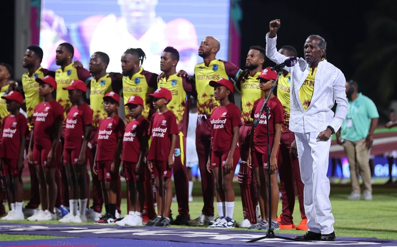 David Rudder performs the anthem 'Rally Round the West Indies' before the start of the game, West Indies vs South Africa, T20 World Cup 2024, Super Eight, North Sound, June 23, 2024