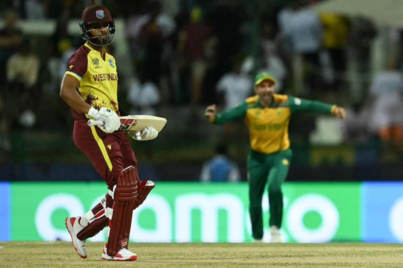 Shai Hope departed for a duck in a crunch game, West Indies vs South Africa, T20 World Cup 2024, Super Eight, North Sound, June 23, 2024