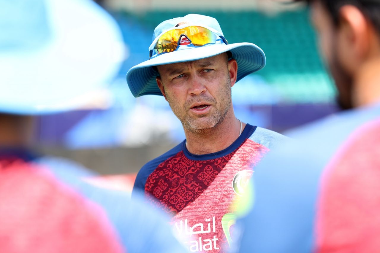 Afghanistan coach Jonathan Trott gives instructions during a net session, Kingstown, T20 World Cup, June 23, 2024