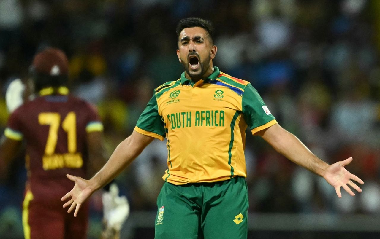 Tabraiz Shamsi roars after dismissing Kyle Mayers, West Indies vs South Africa, T20 World Cup 2024, Super Eight, North Sound, June 23, 2024
