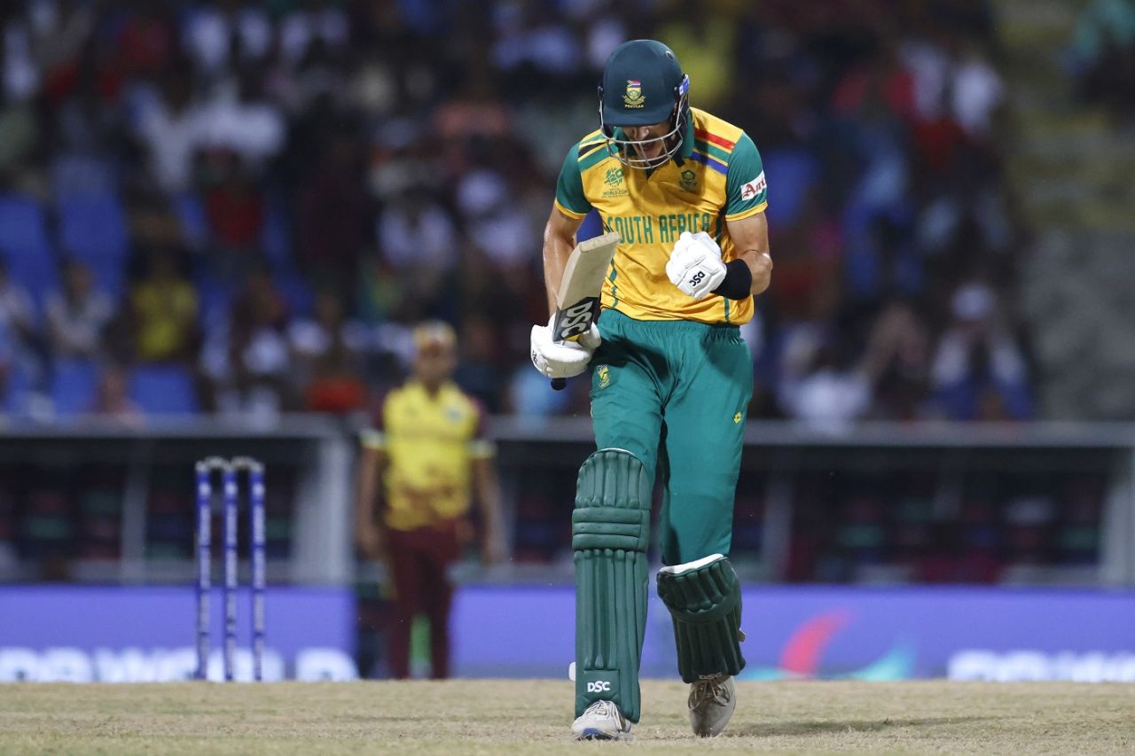 Marco Jansen is pumped up after taking South Africa home, West Indies vs South Africa, T20 World Cup 2024, Super Eight, North Sound, June 23, 2024