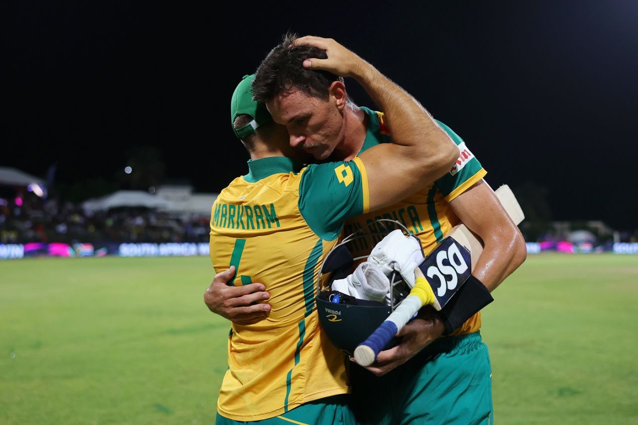 Aiden Markram and Marco Jansen embrace each other, West Indies vs South Africa, T20 World Cup 2024, Super Eight, North Sound, June 23, 2024