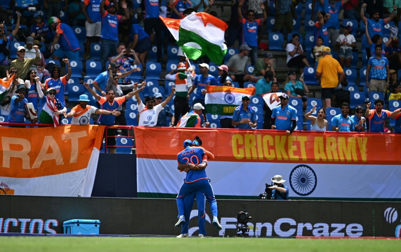 Axar Patel and Arshdeep Singh celebrate the fall of Mitchell Marsh, Australia vs India, T20 World Cup Super Eight, Gros Islet, June 24, 2024