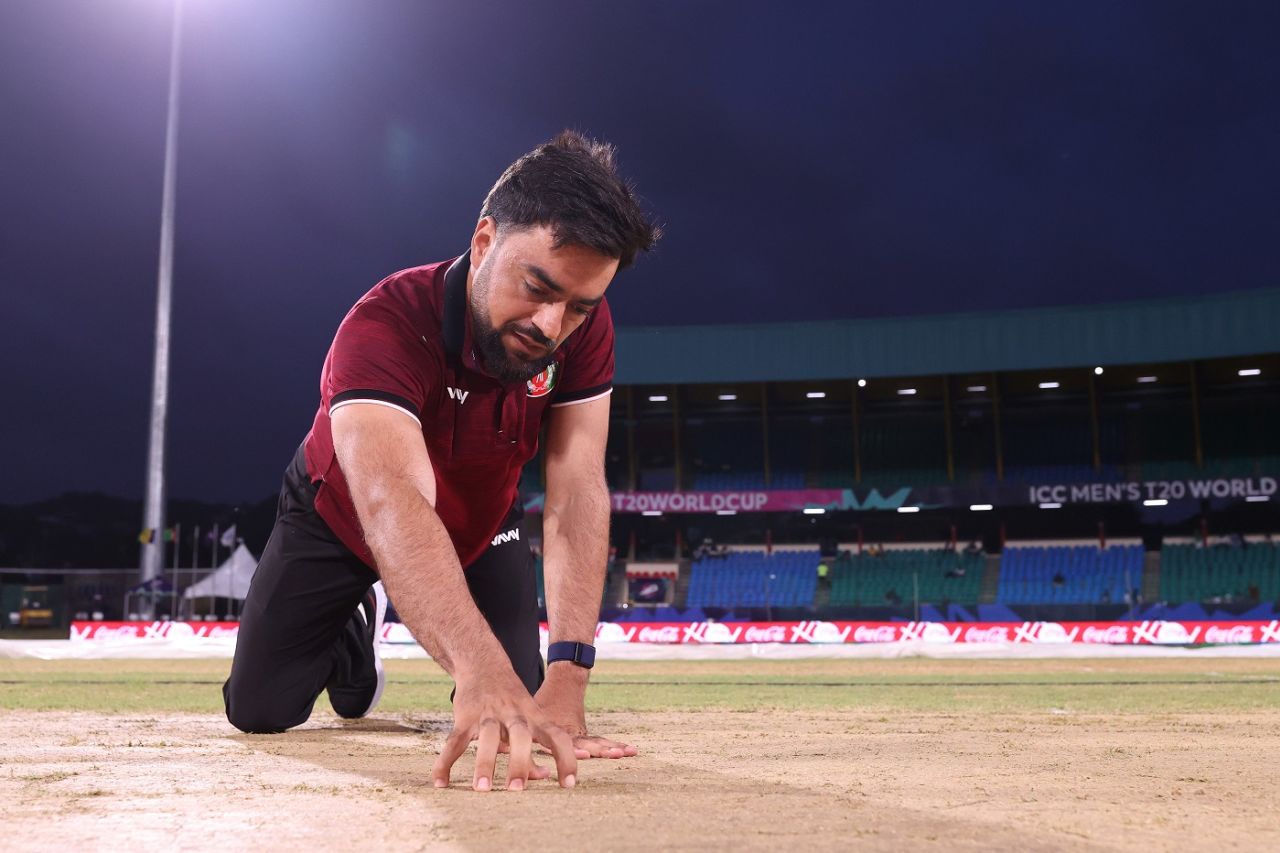 Rashid Khan checks out the pitch, Afghanistan vs Bangladesh, Super Eight, Men's T20 World Cup 2024, Kingstown, June 24, 2024