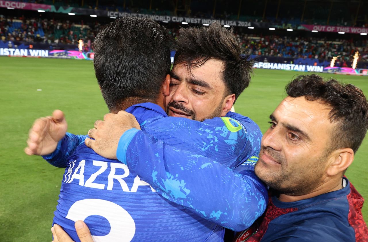 Rashid Khan and Hazratullah Zazai are jubilant after Afghanistan's win over Bangladesh, Afghanistan vs Bangladesh, Super Eight, Group 1, Men's T20 World Cup 2024, Kingstown, June 25, 2024