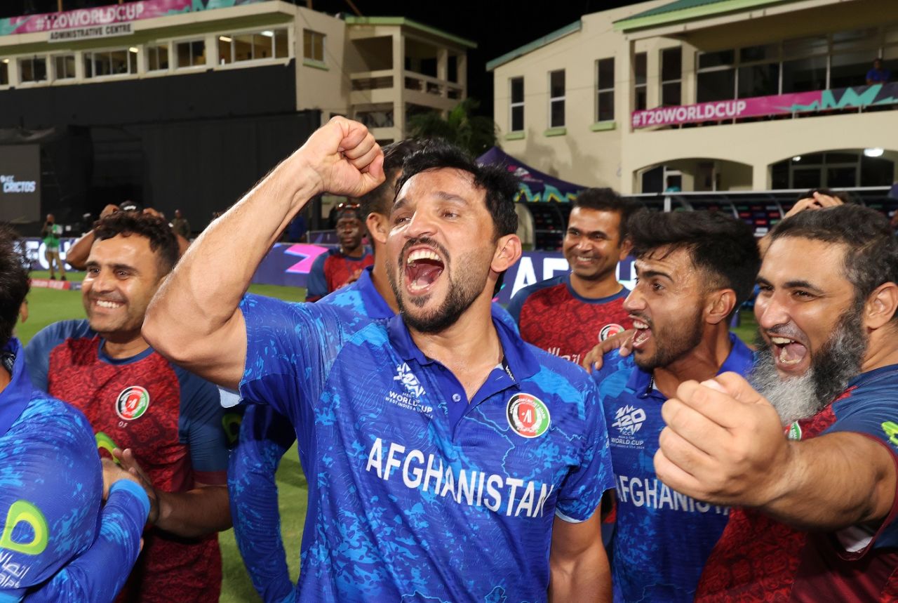 Gulbadin Naib celebrates with his team-mates, Afghanistan vs Bangladesh, Super Eight, Group 1, Men's T20 World Cup 2024, Kingstown, June 25, 2024
