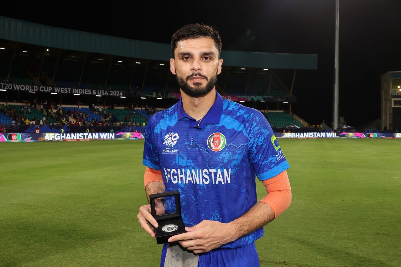 Naveen-ul-Haq was the Player of the Match on the night, Afghanistan vs Bangladesh, Super Eight, Group 1, Men's T20 World Cup 2024, Kingstown, June 25, 2024