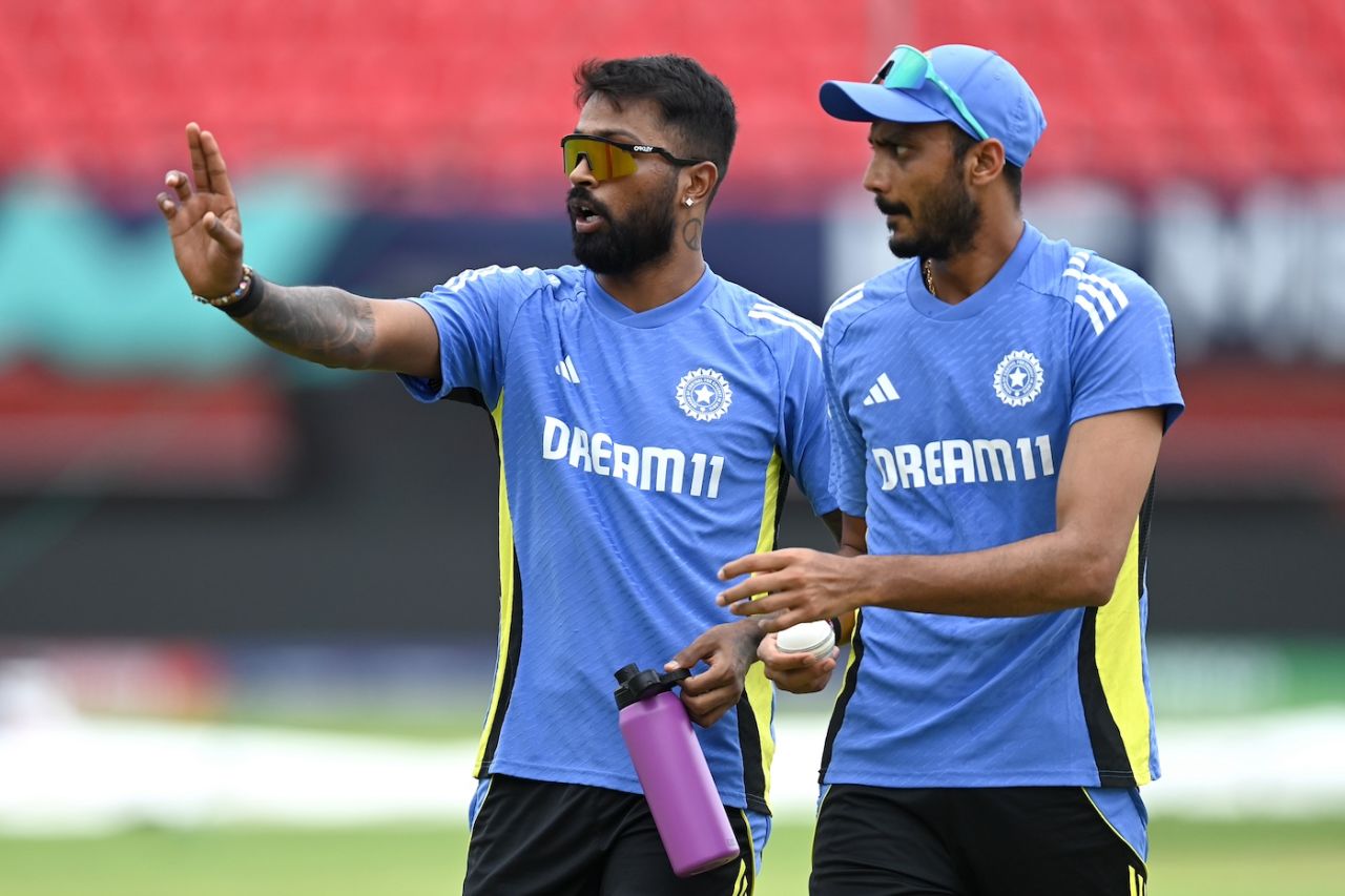 Hardik Pandya has a chat with Axar Patel ahead of India's T20 World Cup semi-final against England, Providence, Guyana, June 26, 2024