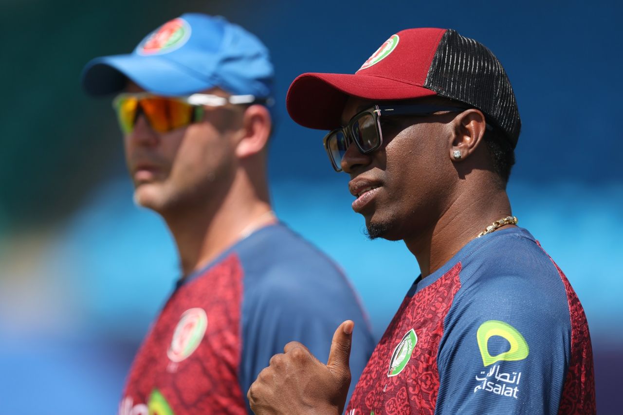 Dwayne Bravo, Afghanistan's bowling consultant, gestures at practice, T20 World Cup, St Vincent, June 23, 2024