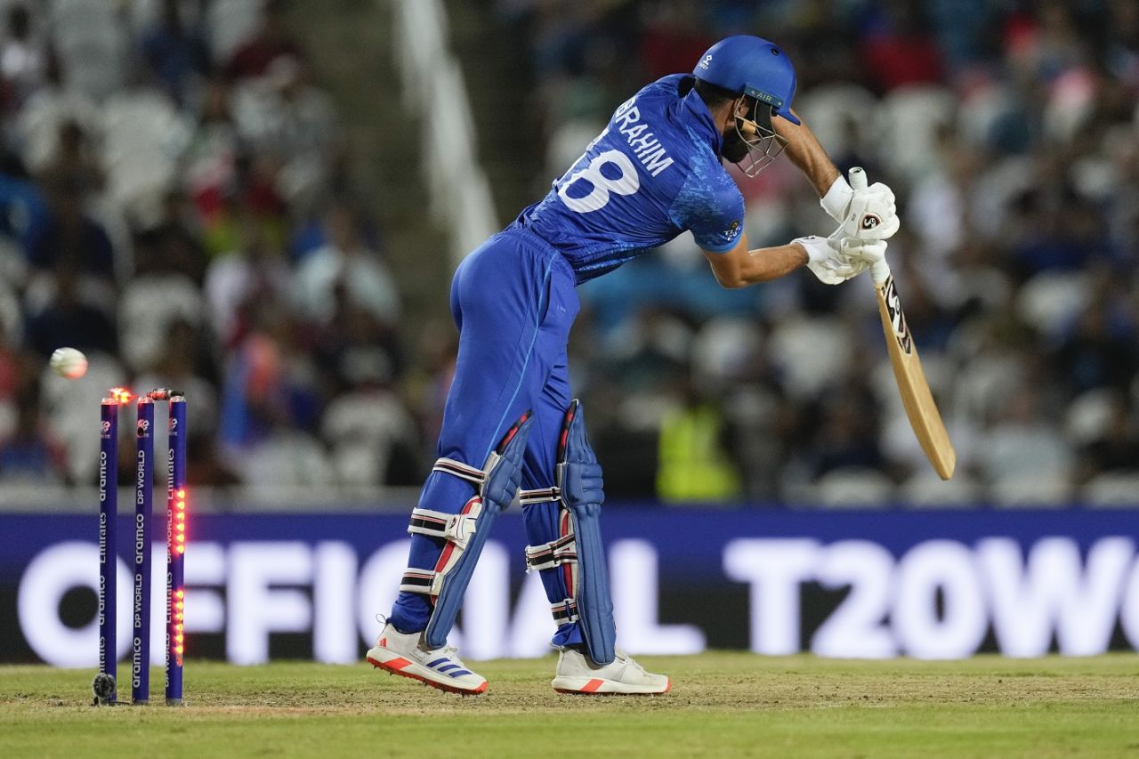 Ibrahim Zadran is bowled, Afghanistan vs South Africa, 1st semi-final, Tarouba, T20 World Cup, June 26, 2024
