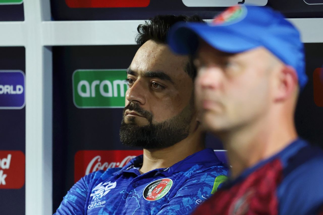Rashid Khan and Jonathan Trott wear a concerned look, Afghanistan vs South Africa, 1st semi-final, Tarouba, T20 World Cup, June 26, 2024