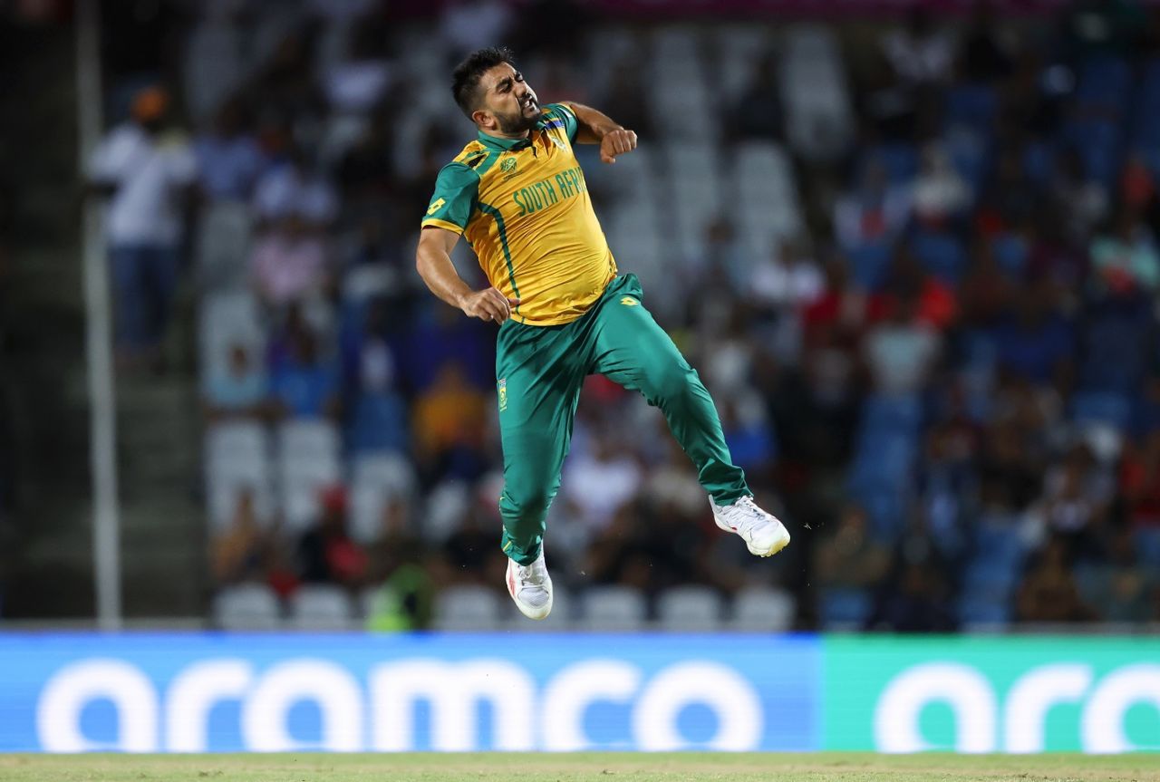 Tabraiz Shamsi celebrates dismissing Karim Janat, Afghanistan vs South Africa, 1st semi-final, Tarouba, T20 World Cup, June 26, 2024