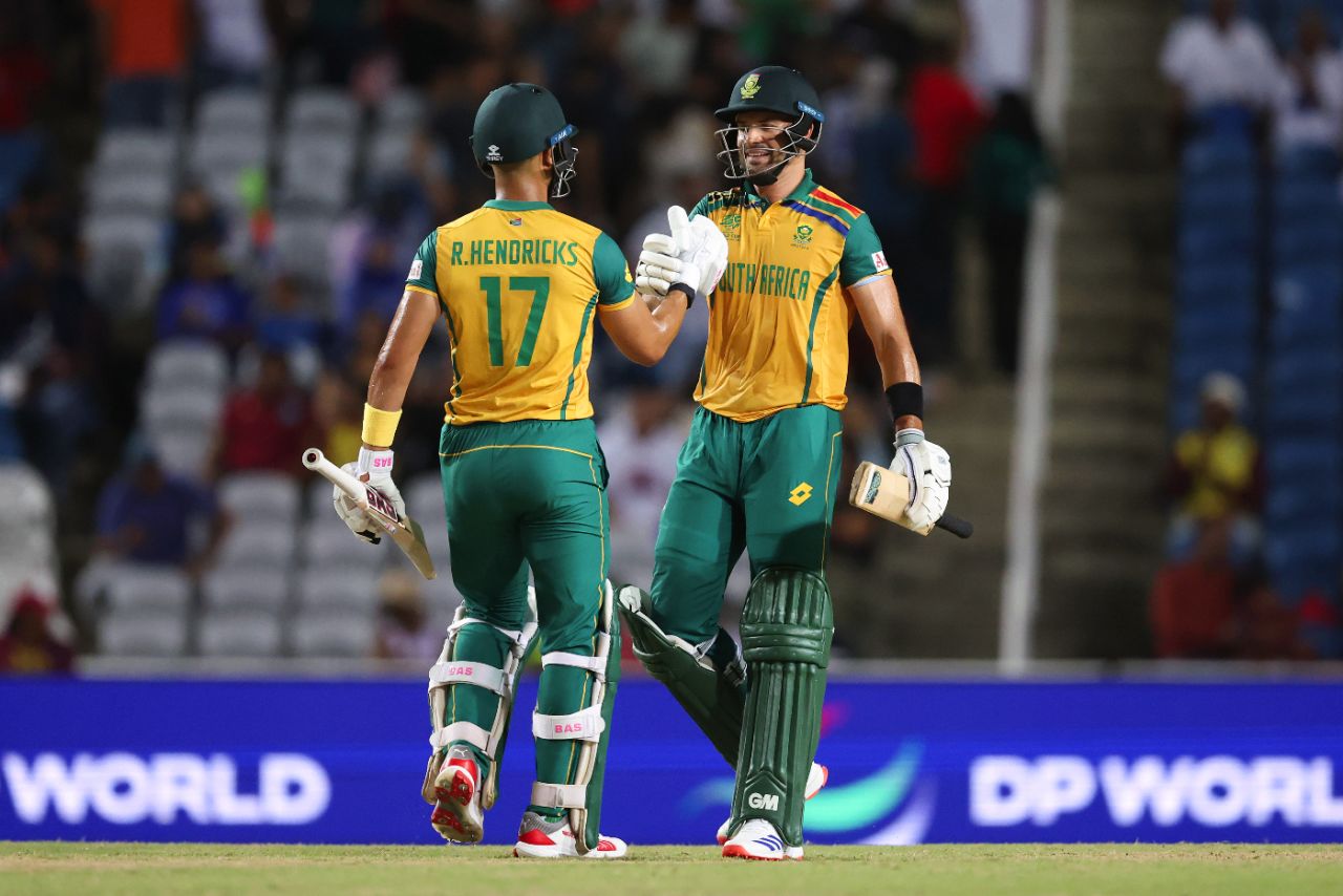 Reeza Hendricks and Aiden Markram put on an unbroken stand of 55 to take South Africa home, Afghanistan vs South Africa, 1st semi-final, Tarouba, T20 World Cup, June 26, 2024