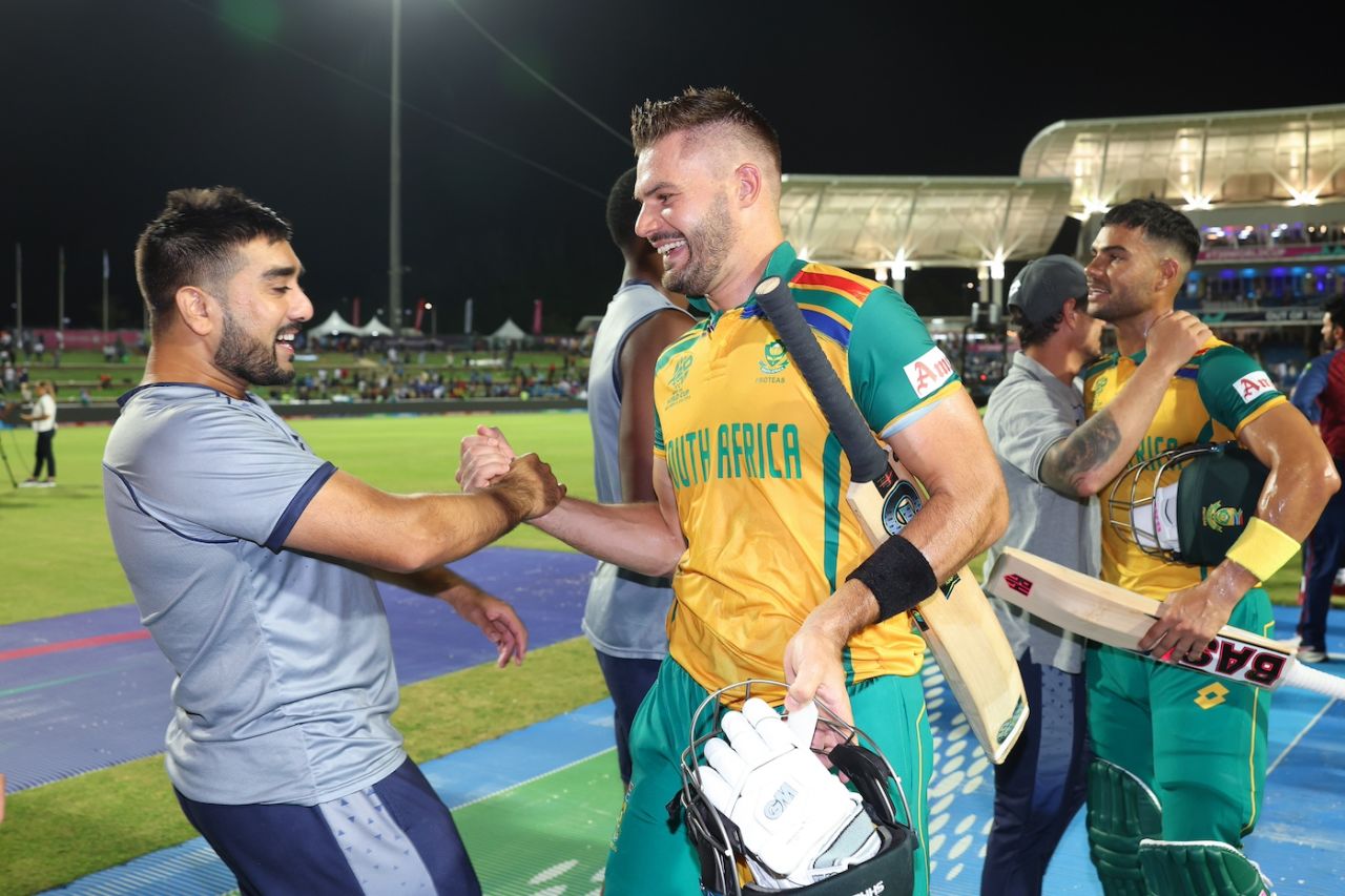 Tabraiz Shamsi welcomed Aiden Markram after a dominating win, Afghanistan vs South Africa, 1st semi-final, Tarouba, T20 World Cup, June 26, 2024