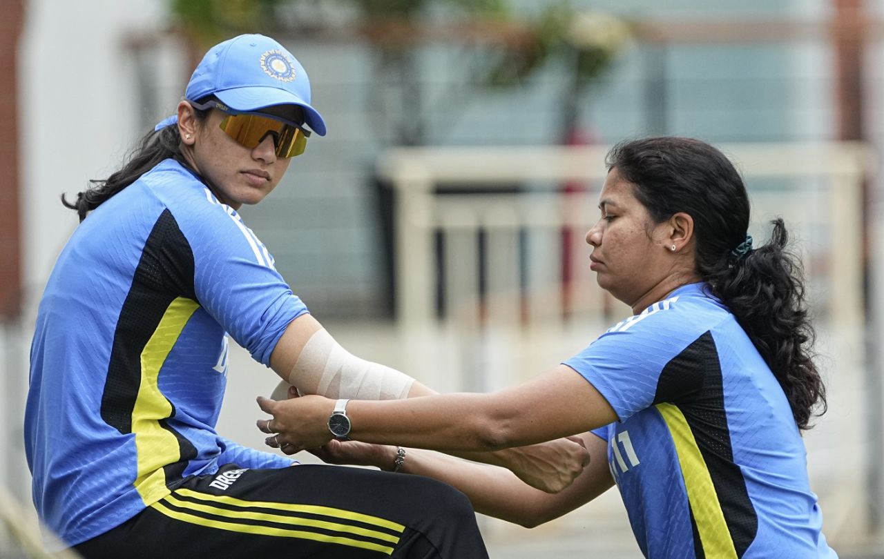 Smriti Mandhana gets some taping on her hand, Chennai, June 26, 2024