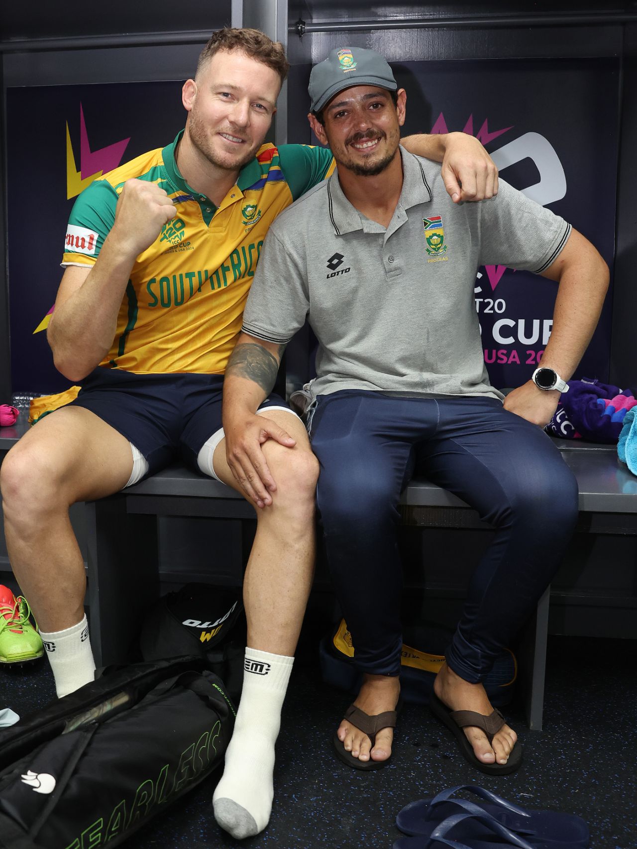 David Miller and Quinton de Kock strike a pose after South Africa's semi-final win, Afghanistan vs South Africa, 1st semi-final, Tarouba, T20 World Cup, June 26, 2024
