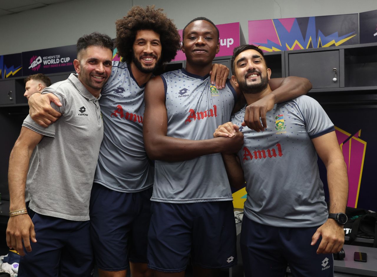 Happy scenes in the South African dressing room after winning the semi-final of the T20 World Cup, Afghanistan vs South Africa, T20 World Cup semi-final, Tarouba, Trinidad, June 26, 2024