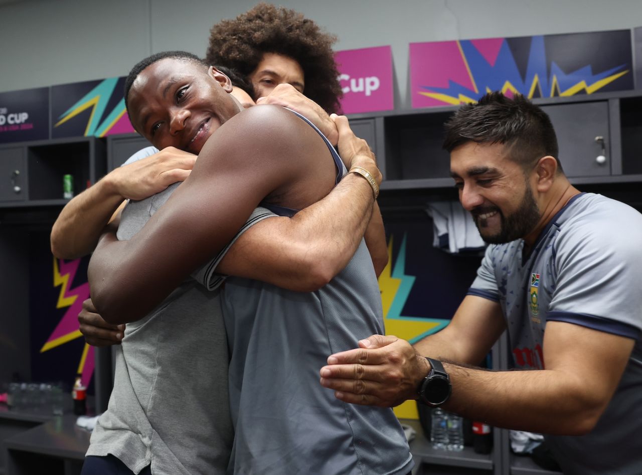Kagiso Rabada gives Keshav Maharaj a hug after winning the semi-final of the T20 World Cup, Afghanistan vs South Africa, T20 World Cup semi-final, Tarouba, Trinidad, June 26, 2024