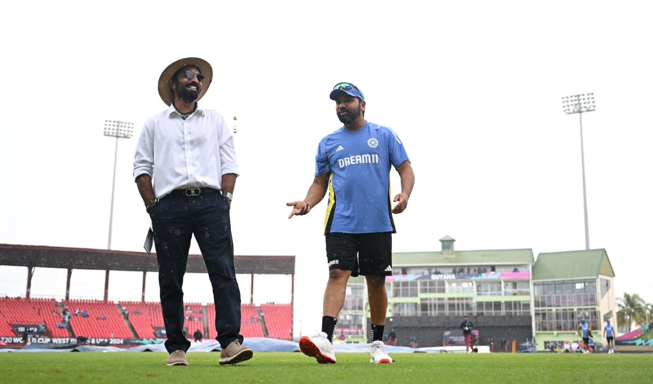 Rohit Sharma has a laugh with Dinesh Karthik, England vs India, T20 World Cup semi-final, Providence, Guyana, June 27, 2024