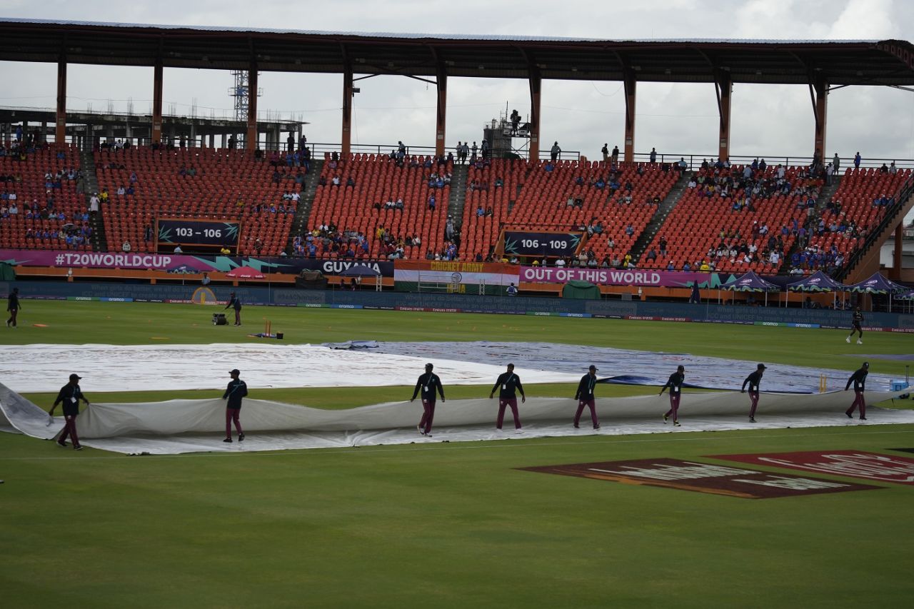 Stop-start rain meant the ground staff remained active, England vs India, T20 World Cup semi-final, Providence, Guyana, June 27, 2024