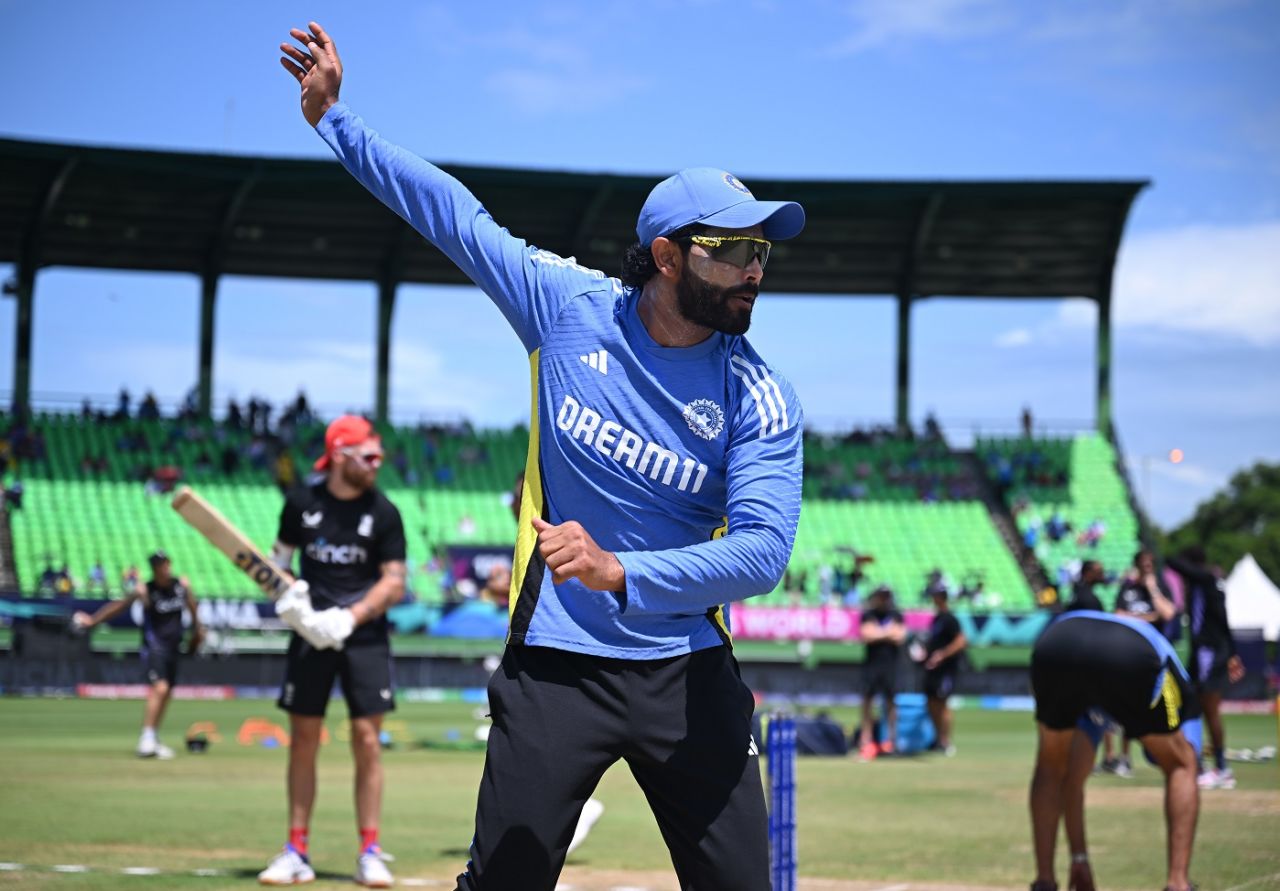 Ravindra Jadeja bowls at practice, England vs India, T20 World Cup semi-final, Providence, Guyana, June 27, 2024