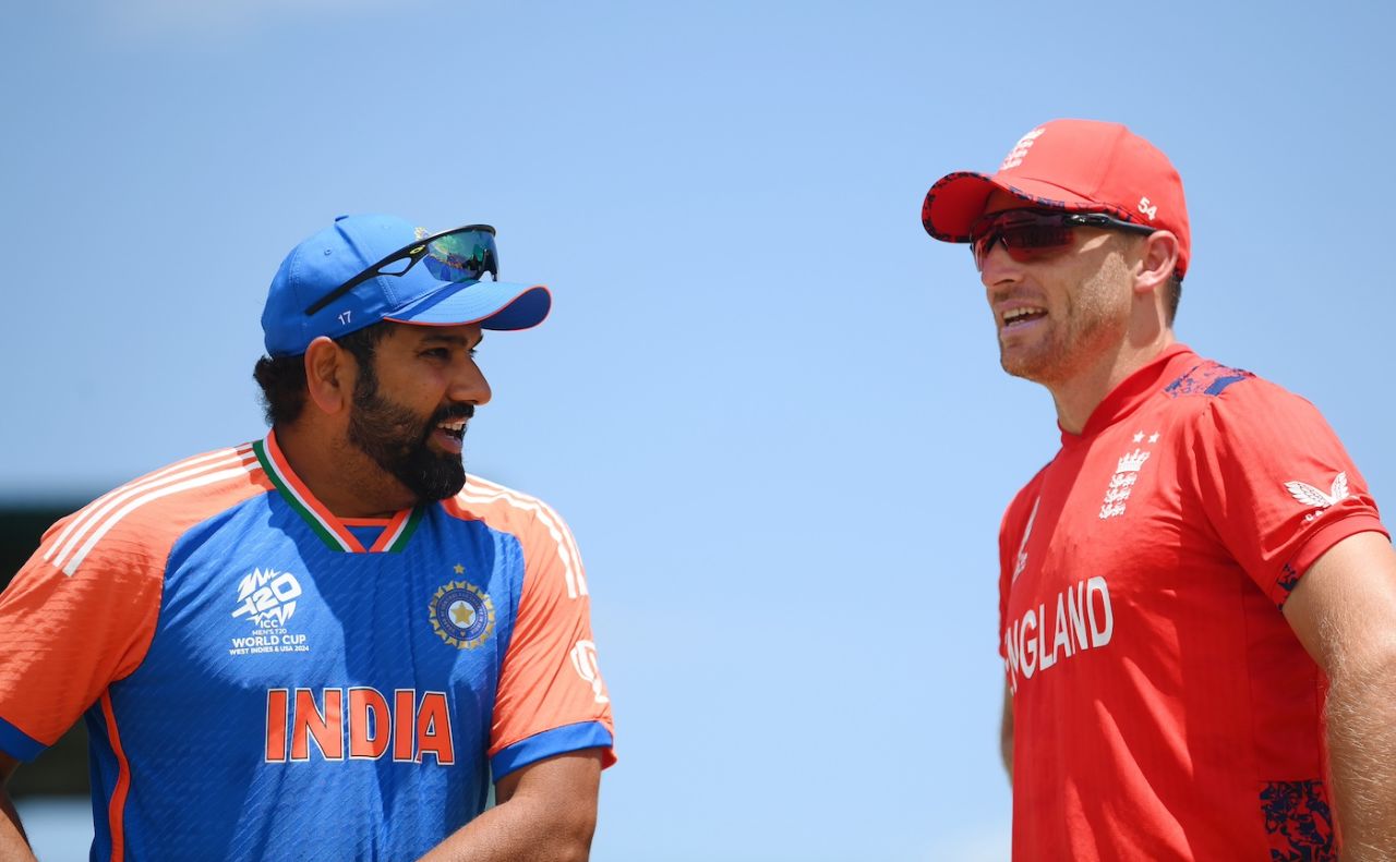 Jos Buttler might just have been a bit happier than Rohit Sharma after the toss, England vs India, T20 World Cup semi-final, Providence, Guyana, June 27, 2024