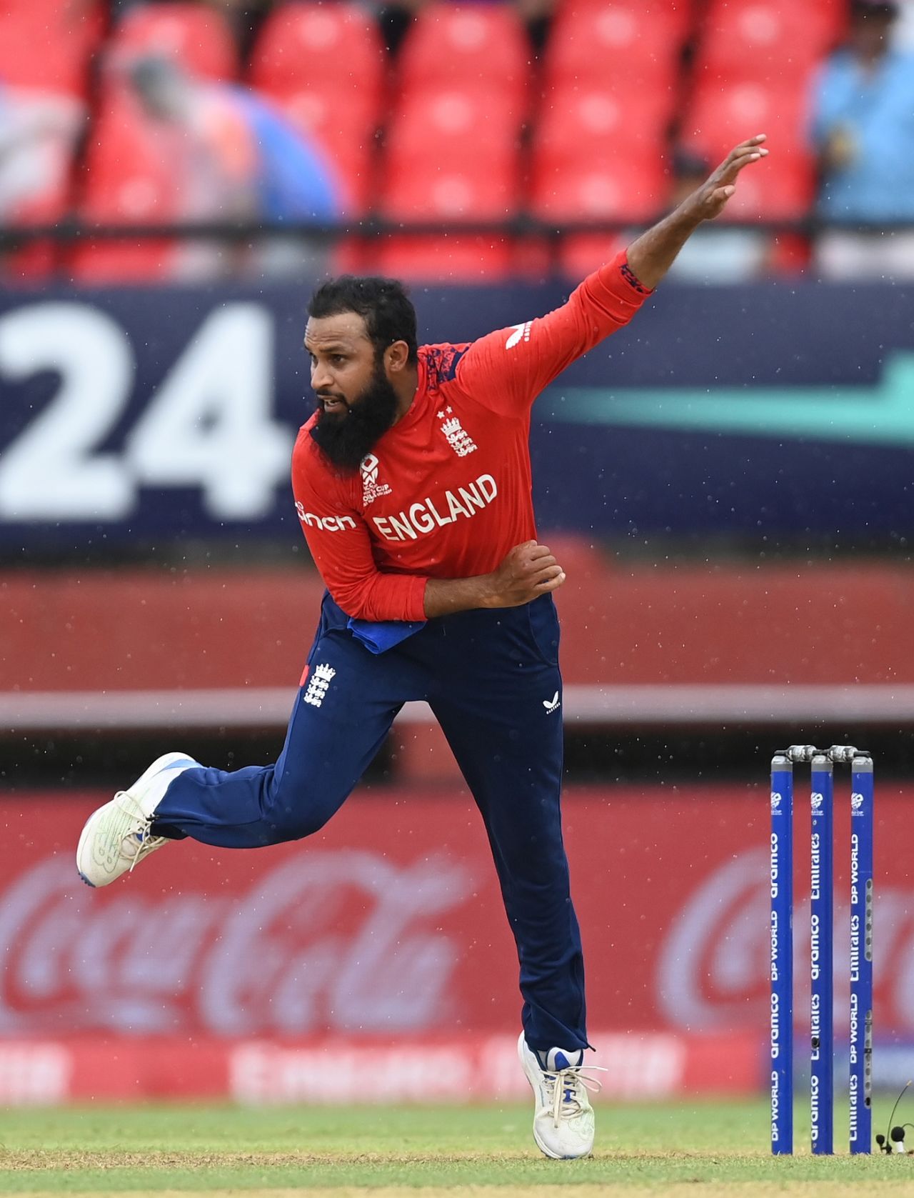 Adil Rashid in his follow through, England vs India, T20 World Cup semi-final, Providence, Guyana, June 27, 2024