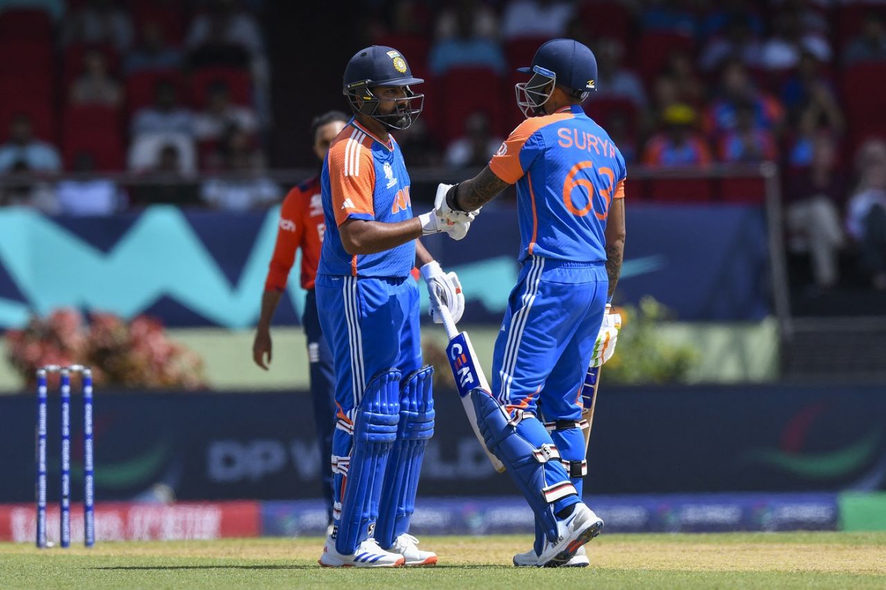 Rohit Sharma and Suryakumar Yadav put on an attacking stand, England vs India, T20 World Cup semi-final, Providence, Guyana, June 27, 2024