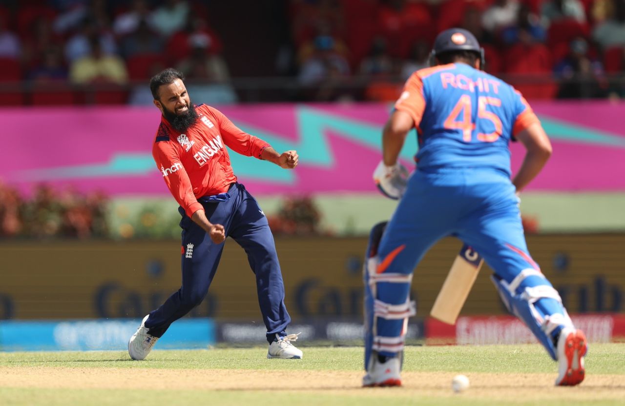 Adil Rashid got the big wicket of Rohit Sharma in his last over, England vs India, T20 World Cup semi-final, Providence, Guyana, June 27, 2024