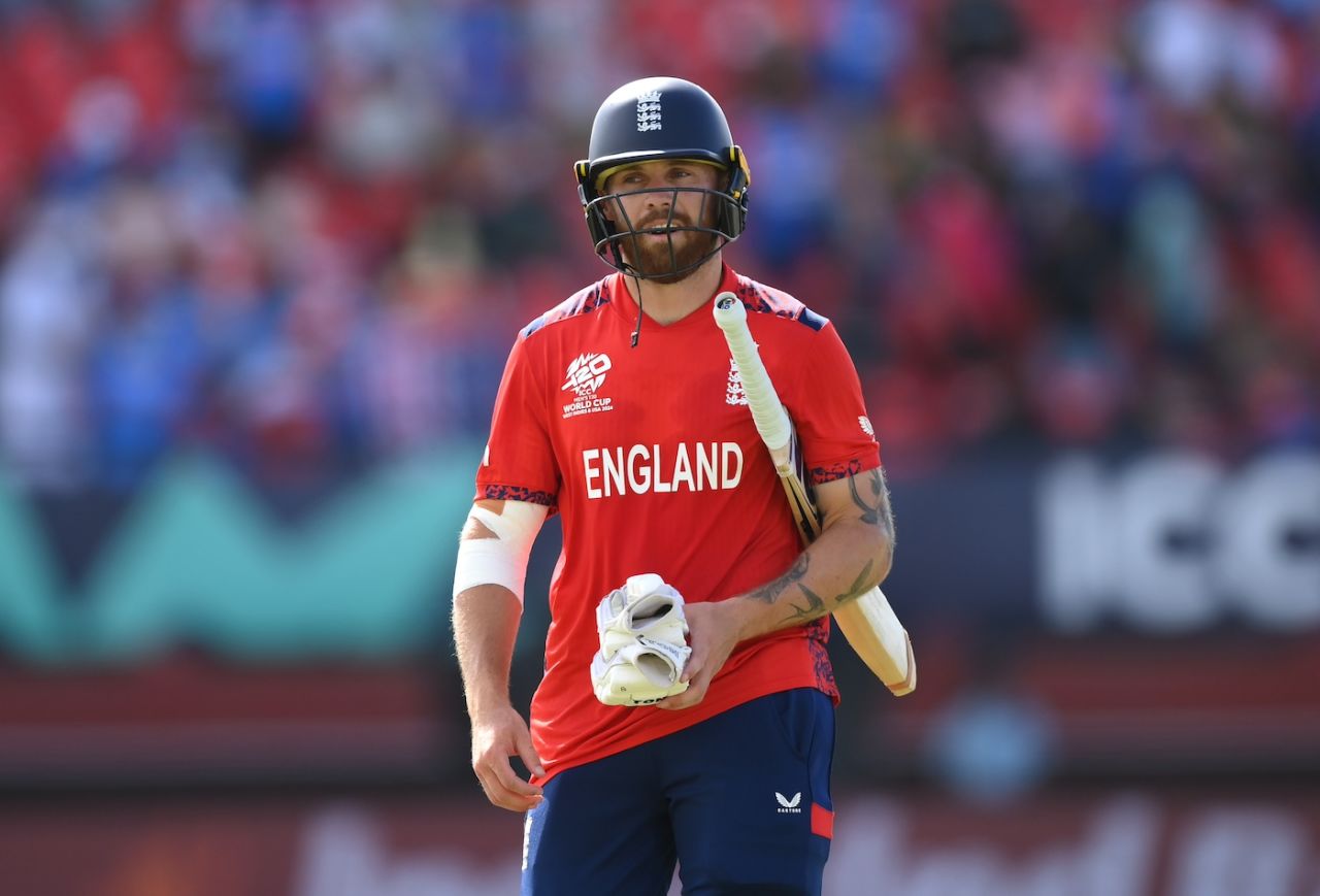 Phil Salt walks back after being done in by Jasprit Bumrah, England vs India, T20 World Cup semi-final, Providence, Guyana, June 27, 2024