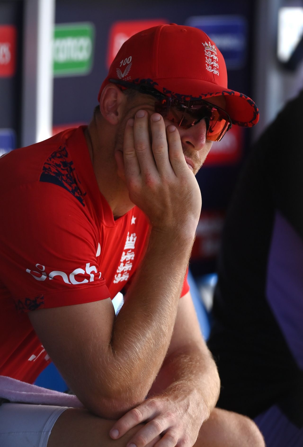 Jos Buttler looks on from the dugout as England's title defence goes up in smoke, England vs India, T20 World Cup semi-final, Providence, Guyana, June 27, 2024