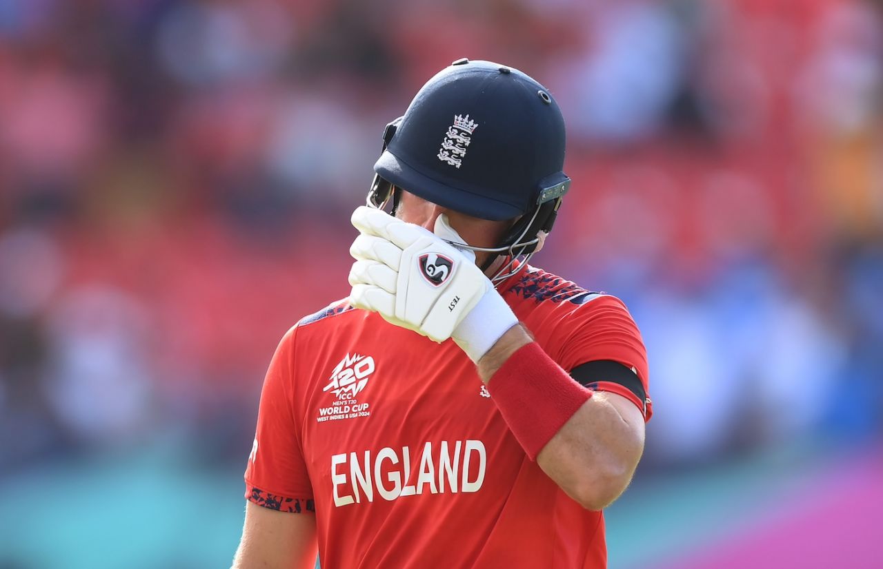 Liam Livingstone walks back after being run out, England vs India, T20 World Cup semi-final, Providence, Guyana, June 27, 2024