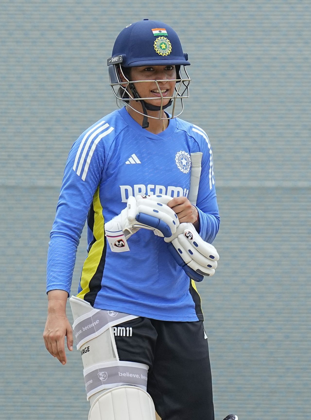 Smriti Mandhana gets ready to bat at the Chepauk nets, Chennai, June 26, 2024