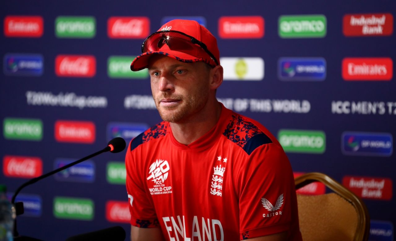 A dejected Jos Buttler answers questions at the press conference, England vs India, T20 World Cup semi-final, Providence, Guyana, June 27, 2024