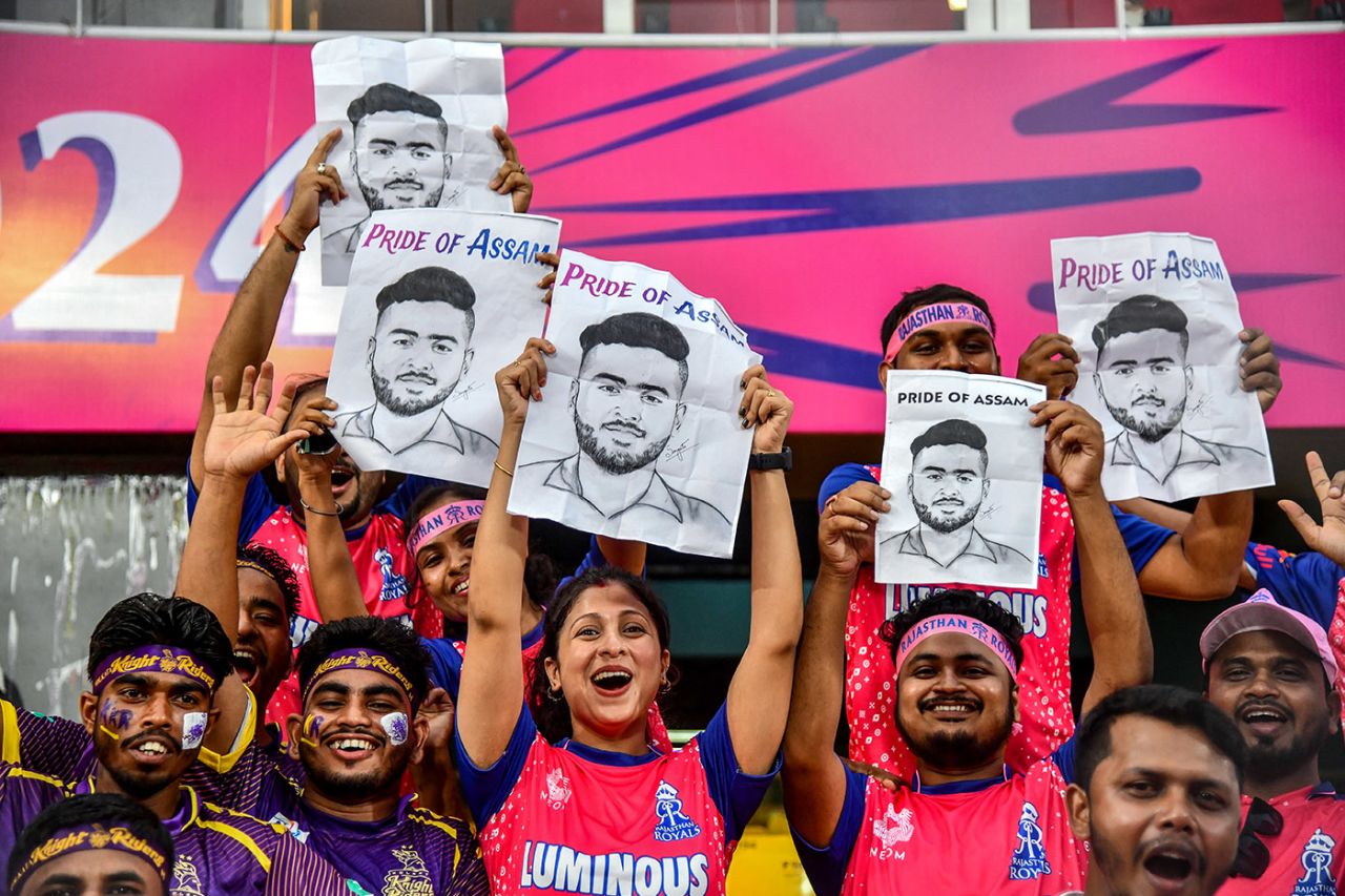 Fans hold up portraits of Riyan Parag to show their support, Rajasthan Royals vs Kolkata Knight Riders, IPL 2024, Guwahati, May 19, 2024