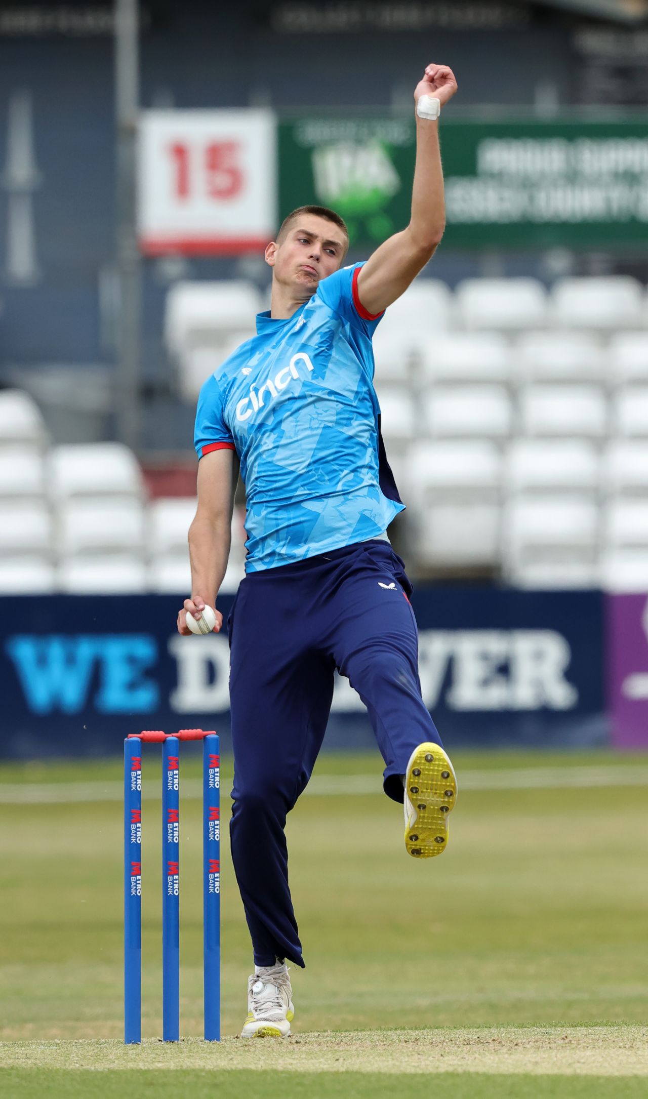 Harry Moore bowls on his England Under-19 debut, England vs Sri Lanka, 1st Youth ODI, Chelmsford, June 28, 2024