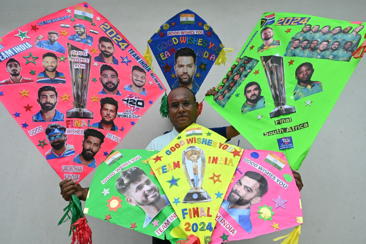 India and South Africa flying high? A kite-maker in Amritsar has a special range of kites all set for finals day of the 2024 T20 World Cup, Amritsar, June 28, 2024