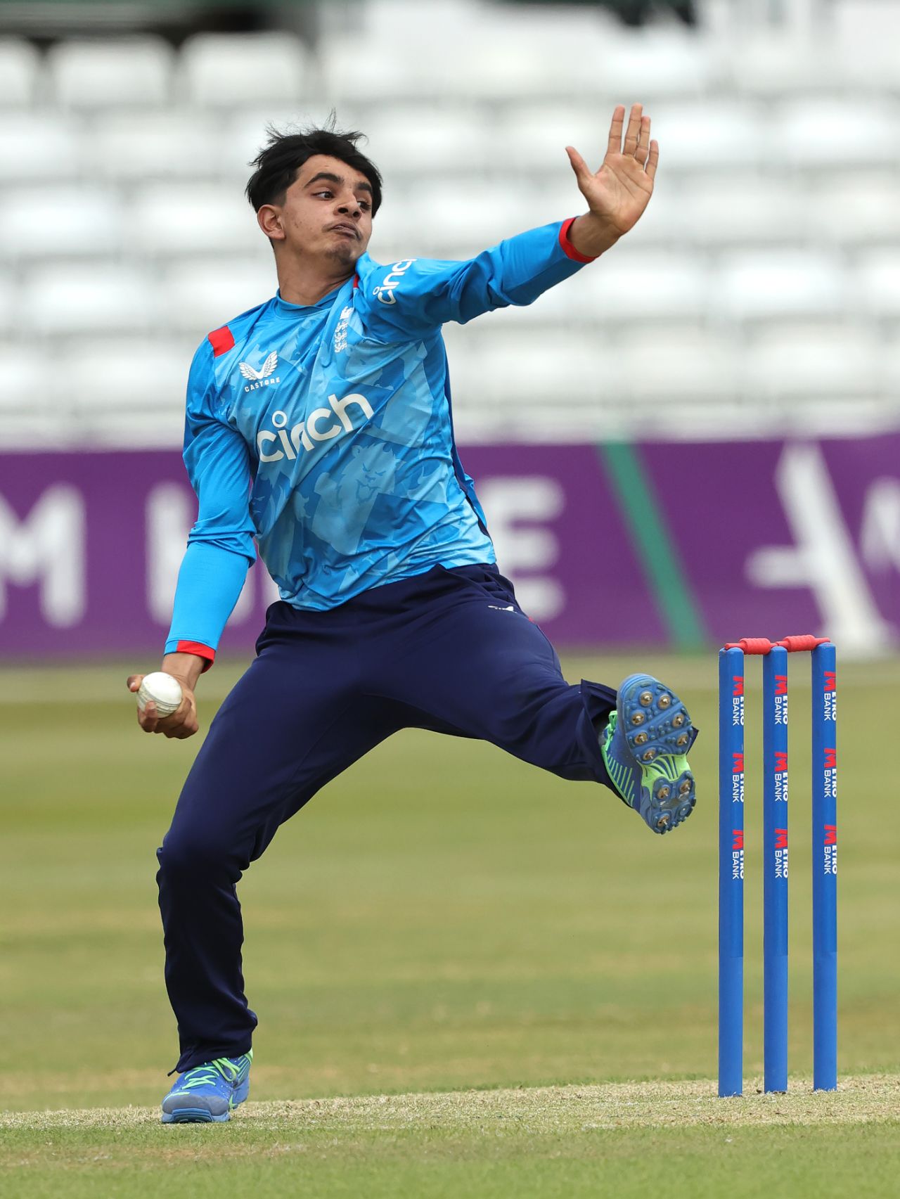 Farhan Ahmed bowls for England in the Under-19 ODI at Chelmsford, England vs Sri Lanka, 1st Youth ODI, Chelmsford, June 28, 2024