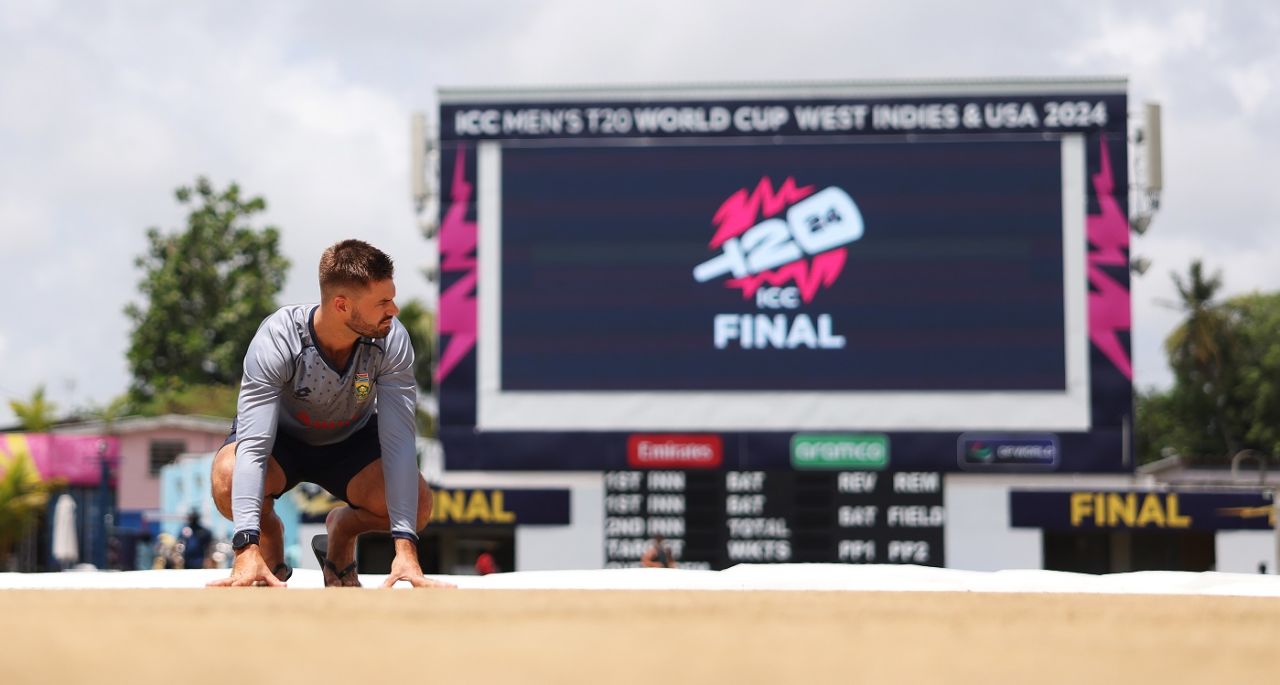 Aiden Markram inspects the Barbados pitch ahead of the final against India, T20 World Cup 2024, Barbados, June 28, 2024